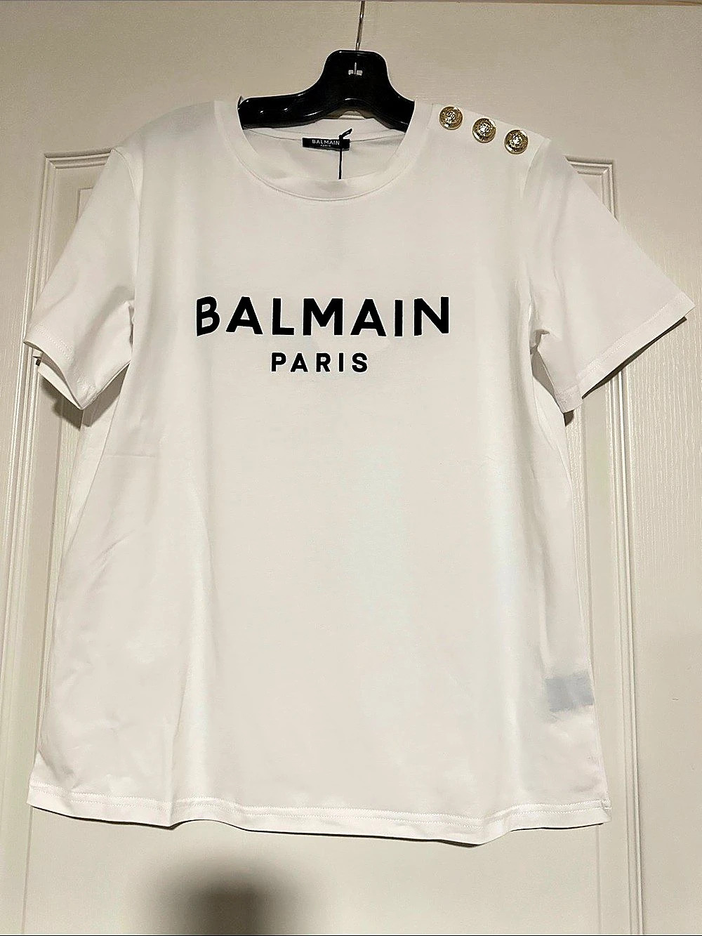 Balmain Metallic-Logo Button-Embellished Cotton T-Shirt White Large NWT
